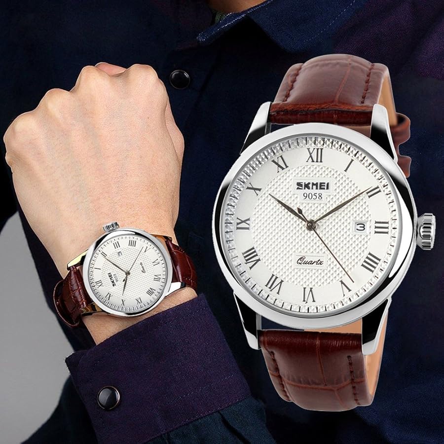 SKMEI Business Men’s Quartz Wristwatches Roman Numeral Leather Band Casual Water Resist Analog Watches